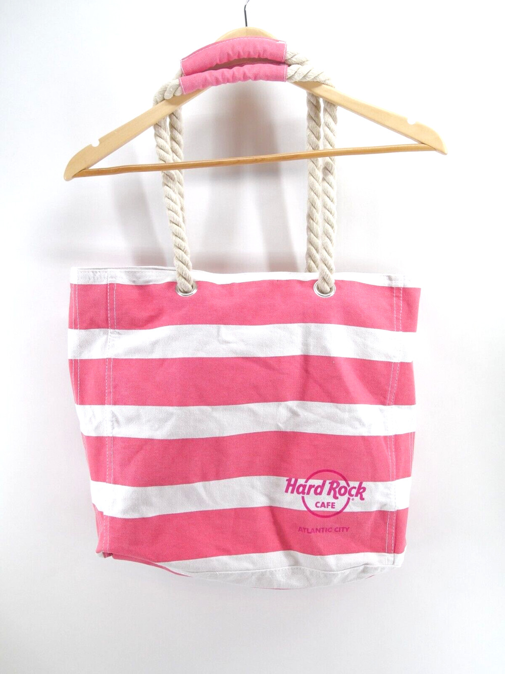 Hard Rock Cafe Pink Striped Beach Rope Handle Tote Summer Bag